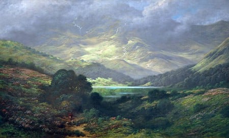 Scottish Highlands by Gutave Dore - sunlight, clouds, highlands, mountains, idyllic