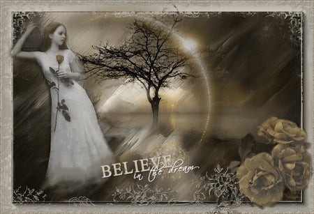 BELIEVE IN THE DREAM - believe, roses, moon, dream, tree, female