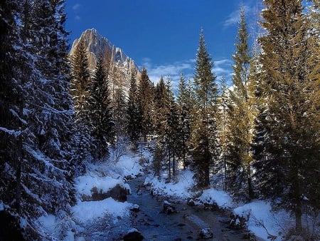 Winter - beauty, sky, trees, peaceful, water, mountains, rocks, view, river, clouds, landscape, winter, lovely, nature, woods, forest, beautiful, snow