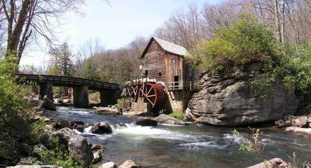 Watermill - trees, water, cabin, rock, stream, sky, wheel