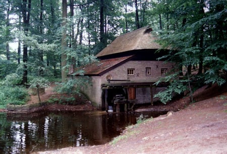 Watermill - watermill, water, roof, trees