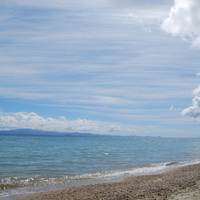 blue sky, clouds, water, beach,