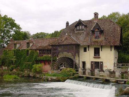 Watermill Giverny - small cascade, roof, sky, trees, water, house, wheel