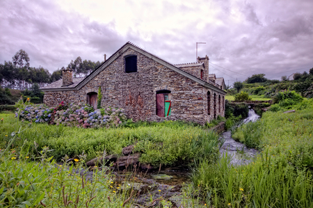 Watermill, Portugal - clouds, house, watermill, windows, grass, brook