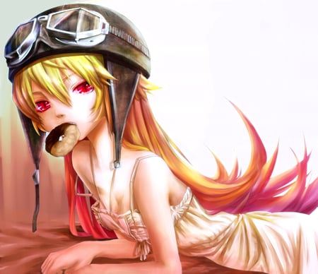 Bakemonogatari - red eyes, shinobu oshino, yellow hair, goggles, vampire, doughnut, bakemonogatari