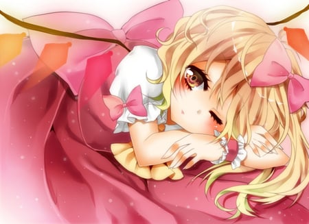 Touhou Flandre - vampire, touhou, kawaii, flandre scarlet, red dress, bows, blonde