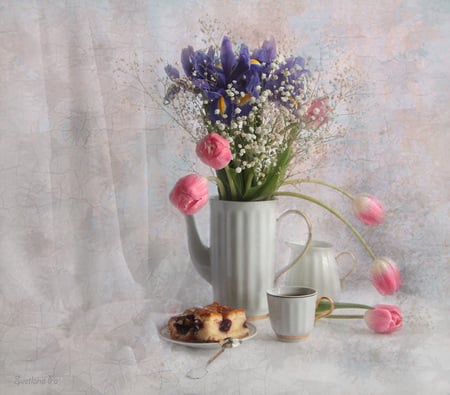 still life - nice, photography, tulips, bouquet, still life, cool, kettle, gently, irises, harmony, drink, coffee, tea, cup, cake, beautiful, tulip, flowers, photo, elegantly, flower