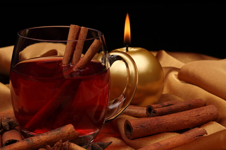 tea - nice, drink, candle, fragrance, photography, tea, ball, gold, cup, cinnamon, cool, beautiful, photo, elegantly, harmony