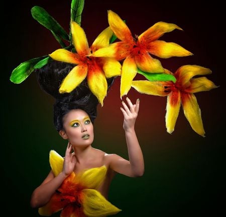 Her flowers - female, flowers, colorful art, model, her beauty, flower