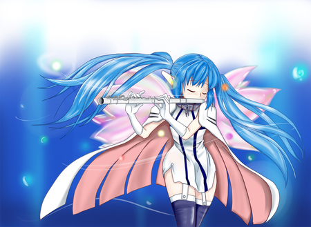 Nymph - pretty, blue, twintail, angel, pink, shiny, aqua, musical instrument, flute, nice, choker, sparkle, chain, beautiful, hot, angeloids, beauty, cool, nymph, black, white, awesome, wings, bubbles, cute, aqua hair, sexy