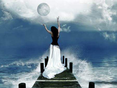 A Prayer For The World - moon, woman, sky, ocean, pier, clouds, waves