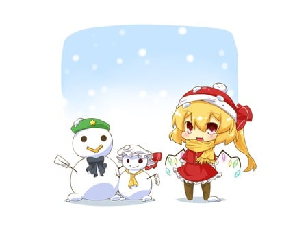 Snowmans! - snowman, flandre scarlet, winter, wings, scarf, vampire, touhou, snow, ribbon