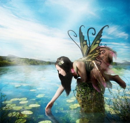 Fairy Playing in Lake - wings, lake, mountains, clouds, blue sky, fairy, woman