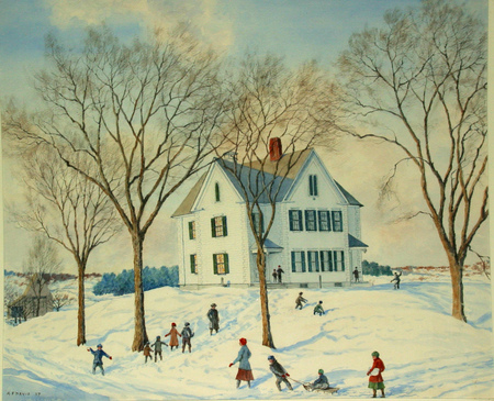 Fun In The Snow - fields, hill, homestead, trees, activiety, winter, playing, country, games, children, sleigh, snow, house, scene, barn