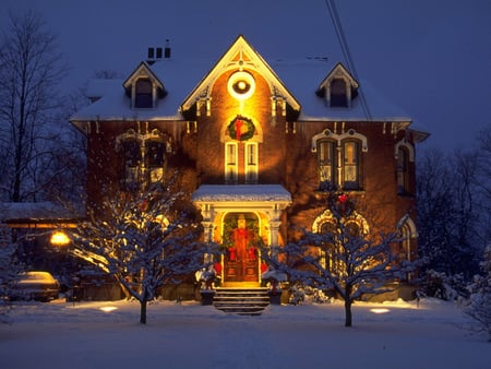 Christmas Church - lightining, trees, church, snow, beautiful, night, christmas decoration