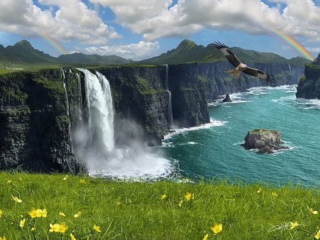 Paradise - sky, rainbow, paradise, mountains, waterfall, eagle, clouds, flowers, grass, cliffs