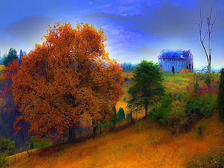 Autumn country painting - autumn, trees, old blue barn, road, colored leaves