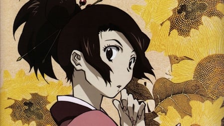 Samurai Champloo Fuu - sunflowers, pony tail, pink, anime, samurai champloo, kimono, fuu, brown hair