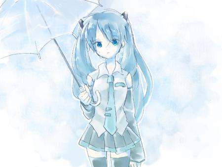 Hatsune Miku - aqua, music, thighhighs, white, cool, umbrella, aqua eyes, hatsune miku, skirt, song, vocaloids, program, vocaloid, beautiful, diva, nice, beauty, twintail, singer, aqua hair, black, melt, virtual, pretty, idol, anime, miku, cute, girl, hatsune, blue, tie, awesome