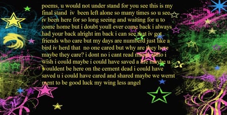 my wingless angel - love, stars, poem, sad, wings, bird, shooting stars, dark, sorry