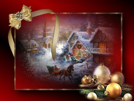 A SLEIGH RIDE - christmas, sleigh, winter, red, ornaments, snow, gold, ride