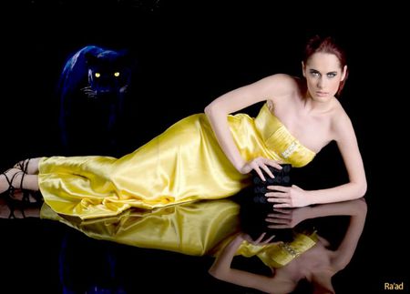 Panther and woman - yellow, reflection, female, dark, beautiful, panther