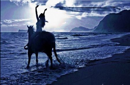 Freedom - free, horse, lights, model, beautiful, veil, ocean, blue, feeling free, sky, clouds, woman