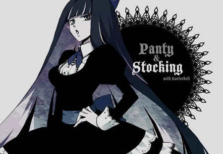 Panty & Stocking  - panty, bow, stocking, long hair, garterbelt, ribbon, black and white