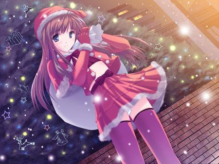 girl in the snow - women, anime, anime girl, girl, christmas, santa, female, tree, woman, snow