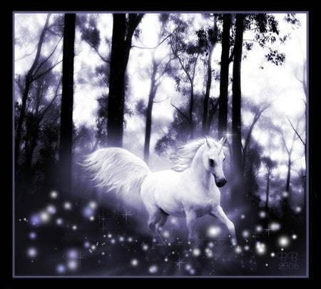 Unicorn Galloping Through The Enchanted Forest - fantasy, forest, trees, unicorn