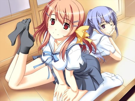 2 schoolgirls - girls, girl, school, socks, schoolgirls, brown hair, red eyes, blue hair, kawaii, schoolgirl, school girls, uniform, ribbon, cute, school girl