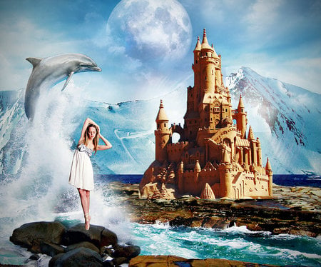 A Fantastic Fantasy World - clouds, moon, ballerina, dolphin, ocean, mountains, castle, sky