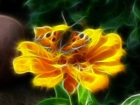 Fractal Yellow Flower and Butterfly - butterfly, yellow flower, light, fractal