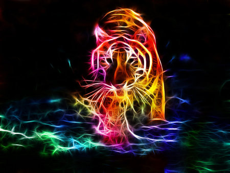 Fractal Tiger Wading In Water - fractal, water, colorful, fantasy, tiger