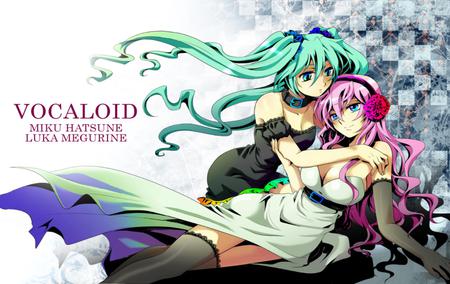 Hatsune Miku & Megurine Luka - aqua, headset, music, white, cool, aqua eyes, checkered, hatsune miku, song, vocaloids, program, vocaloid, beautiful, pink, diva, nice, beauty, twintail, singer, aqua hair, black, virtual, pretty, megurine luka, idol, anime, miku, cute, megurine, luka, girl, pink hair, hatsune, microphone, headphones, awesome