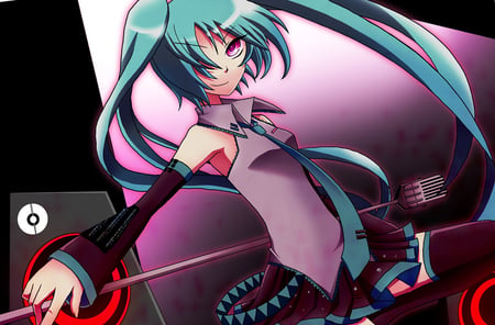 Hatsune Miku - virtual, miku, vocaloids, song, red eyes, microphone, singer, red, purple, cool, headphones, awesome, vocaloid, dark, anime, twintail, skirt, singing, aqua hair, hatsune, cute, beautiful, hot, girl, bass, program, pretty, aqua, beauty, diva, base, nice, stage, tie, sexy, idol, headset, music, hatsune miku