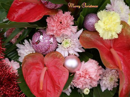 Christmas Flowers - yellow, decoration, beautiful, balls, pink, red, christmas bouquet, carnations, anturium