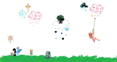 floating clouds - clouds, swings, angels, nice day out, grass, blues, angry tree, harts, miku