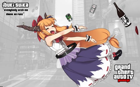 Suika Ibuki GTA - touhou, oni, grand theft auto, suika ibuki, alcohol, city, horns, gta