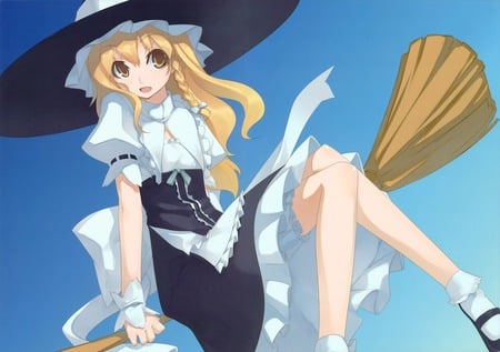 Touhou Marisa - witch, marisa kirisame, touhou, sky, broom, blonde