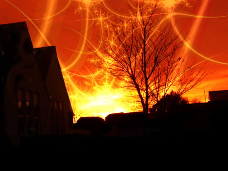 A Fractal Sunset - sky, houses, trees, sunset, fractal