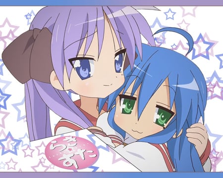 Lucky Star Konata and Kagami - twin tails, lucky star, school unifom, konata, green eyes, long hair, kagami, blue hair, cute blue eyes, hug, purple hair