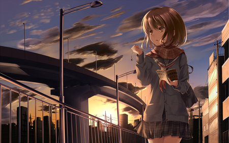 Beautiful Eve - girl, winter, ipod, downtown, brown, fall, evening, cold, beautiful, blue, anime