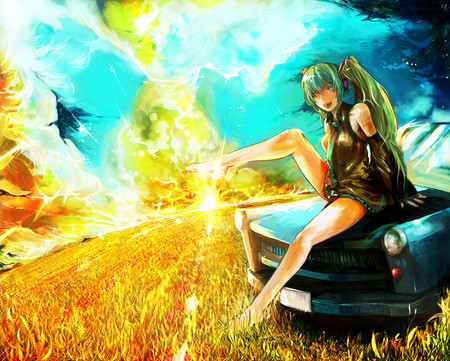 Summer Miku - gorgeous sky, car, summer, feild, mikou, hatsune miku, eve, sun