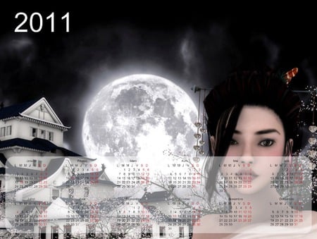 Calendar 2011 - woman, moon, calendar, 3d