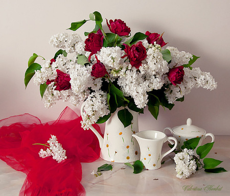 still life - nice, roses, photography, tulips, bouquet, still life, sugarbowl, white, teapot, cool, table, lilac, mug, harmony, scarf, cup, redscarf, red, beautiful, tulip, flowers, photo, flower, elegantly