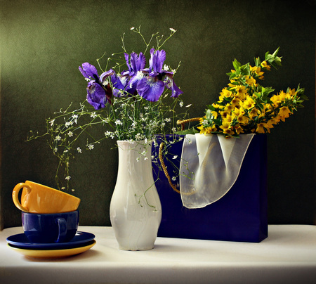 still life - nice, photography, bouquet, still life, yellow, cool, irises, harmony, cups, vase, nature, blue, beautiful, flowers, photo, flower, elegantly