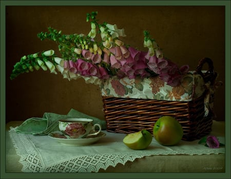 still life - nice, photography, bouquet, basket, still life, cool, apple, harmony, drink, coffee, tea, fruit, cup, beautiful, flowers, photo, flower, elegantly