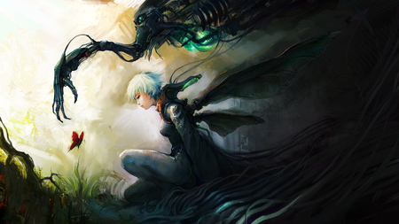 Lost... - beauty, darkness, anime girl, black, nature, butterfly, beautiful, evul, white hair