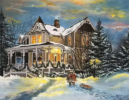 Heading home - sleigh, trees, large house, winter, evening, snow, children, home, lights, pathway